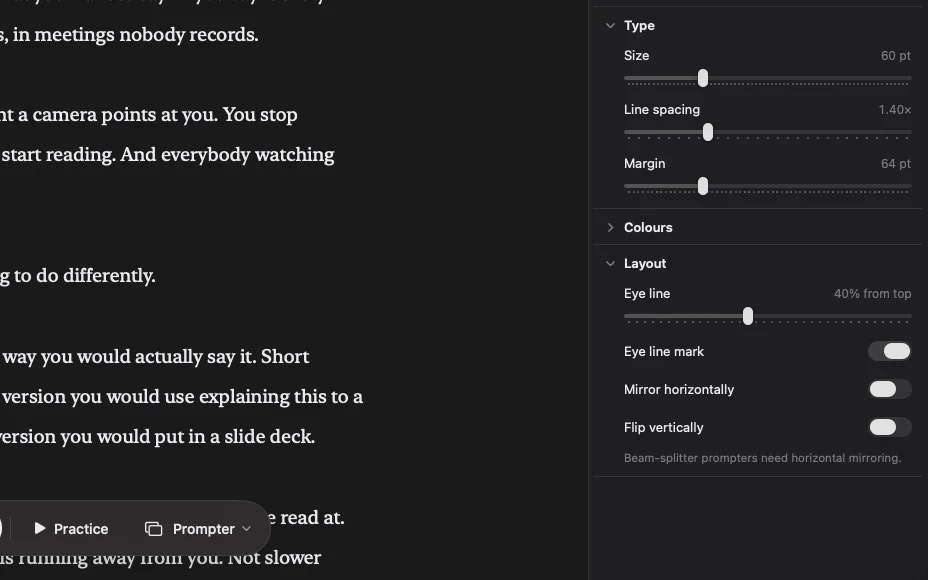 The Appearance pane beside the script: text size, line spacing and margin, then the eye line, its mark, and mirroring and flipping for the glass