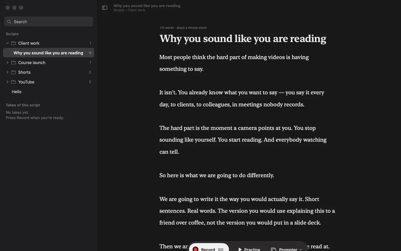 The script library, with folders down the left and a script open beside them as a page